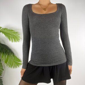 Womens Vintage Y2K Charcoal Gray Long Sleeve Scoop Neck Fitted Top / Small